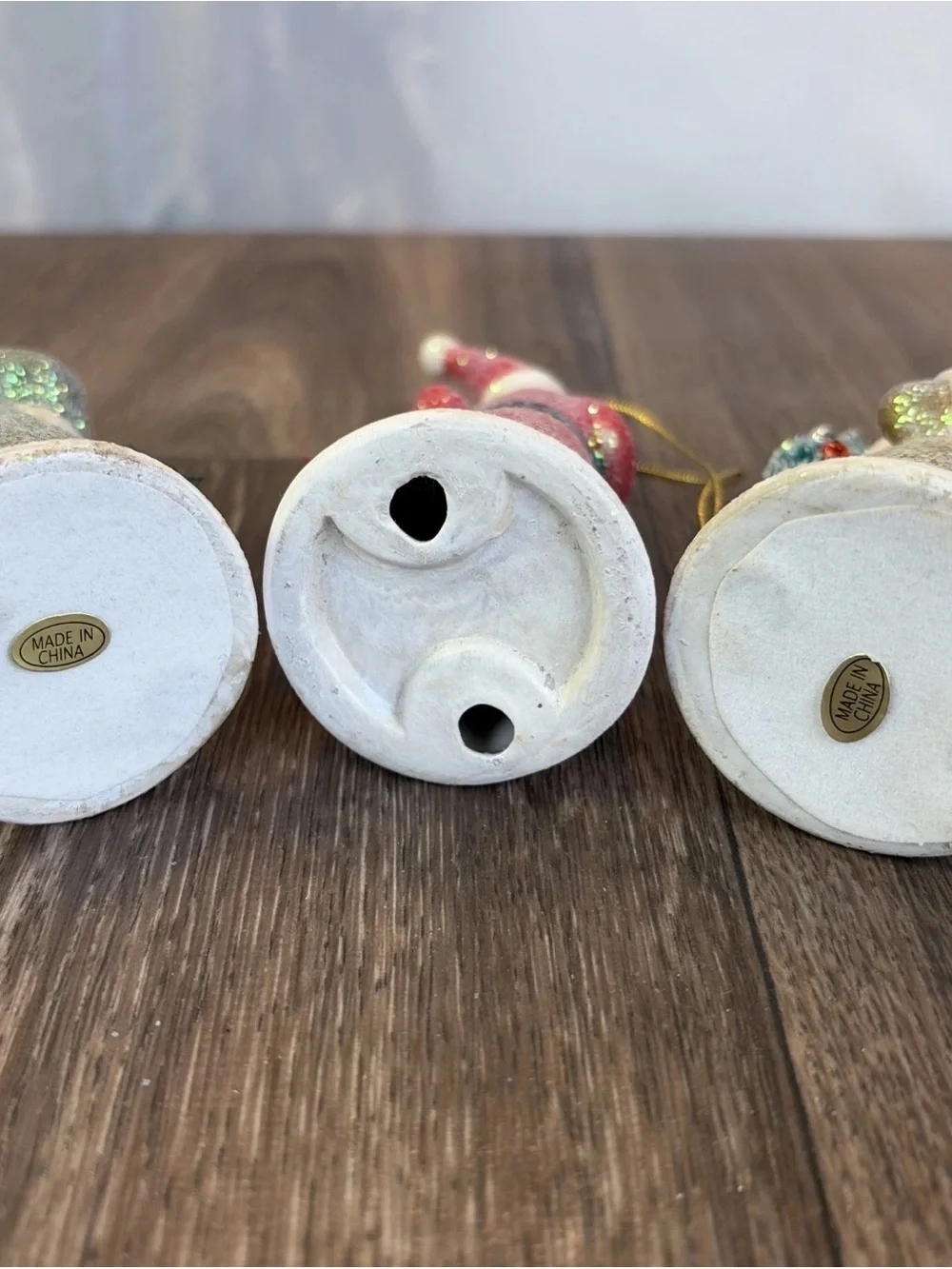 Lot of 3 Ceramic Santa Ornaments Shelf Sitters Red White Gold Glitter Sparkles